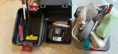 Car cleaning and waxing kit with waxer, brushes, sponges, and supplies - Image 1 of 6
