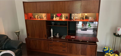 Wooden mid-century cabinet with hutch and drop-down desk - Image 1 of 7