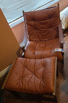 Mid-Century Modern Wood Frame Lounge Chair and Ottoman - Image 1 of 3