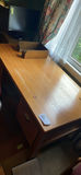 Wooden office desk with built-in drawers, matching cabinet, monitor, lamp, and filing cabinet - thumbnail 1 of 11