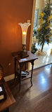 Ornate glass hurricane lamp on wooden side table - thumbnail 3 of 3
