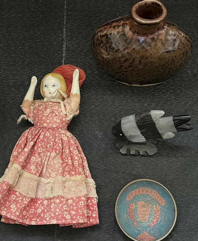 Assorted Decorative Figurines, Pottery Vase, Wooden Tobacco Container, and Doll - image 3 of 3