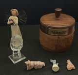Assorted Decorative Figurines, Pottery Vase, Wooden Tobacco Container, and Doll - thumbnail 2 of 3
