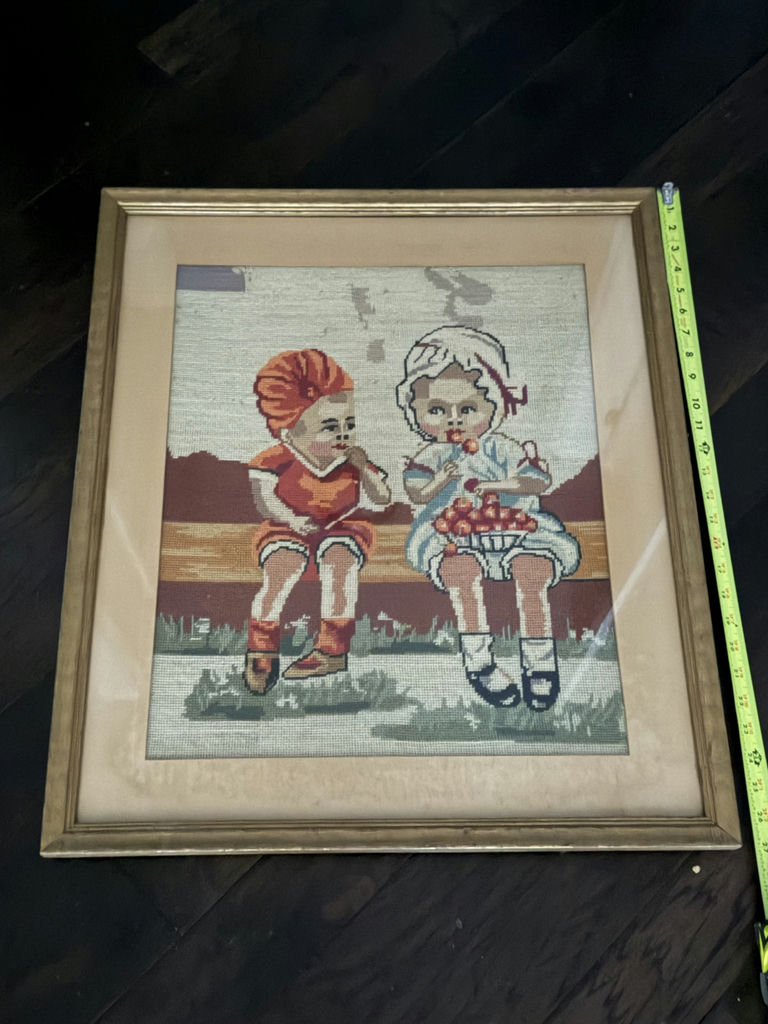 Framed Needlepoint Artwork of Two Children - image 1 of 4