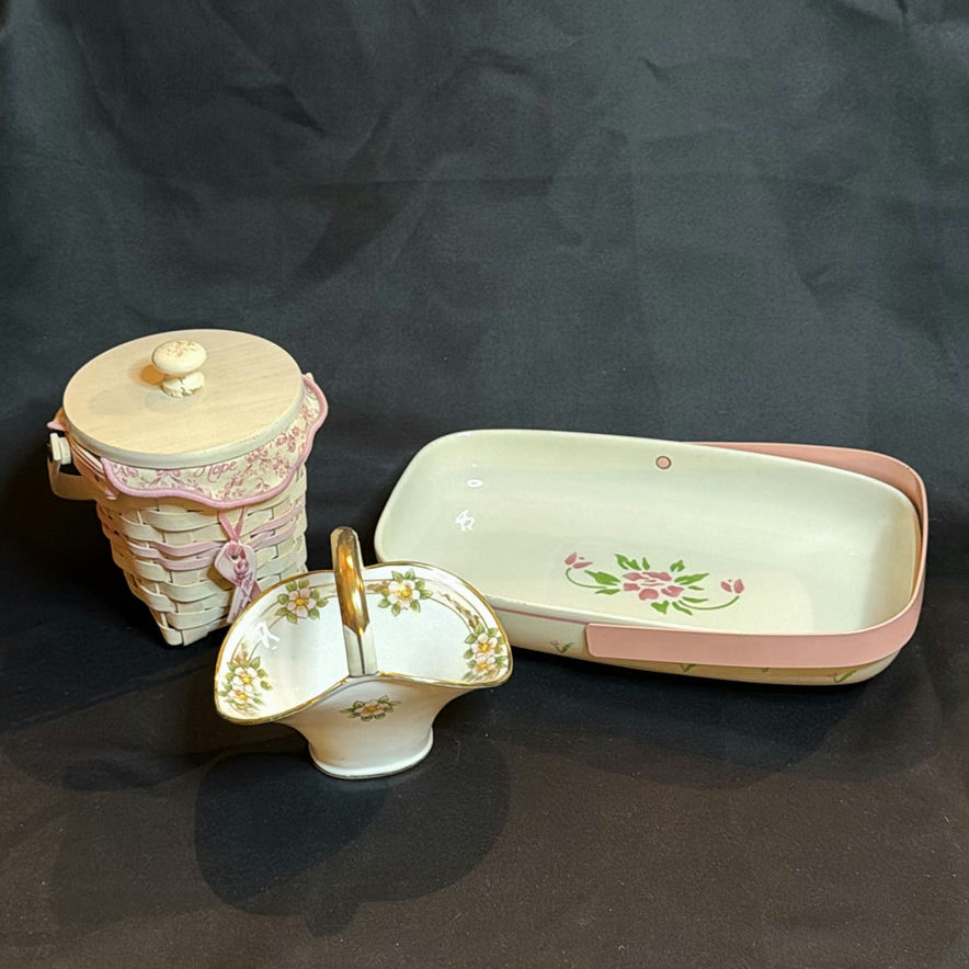 Vintage Dresser Items - Longaberger Basket, Nippon Porcelain Basket and Teleflora Dish - image 1 of 17