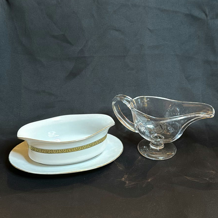 Vintage Porcelain Gravy Boat with Underplate and Glass Sauce Server - image 1 of 2