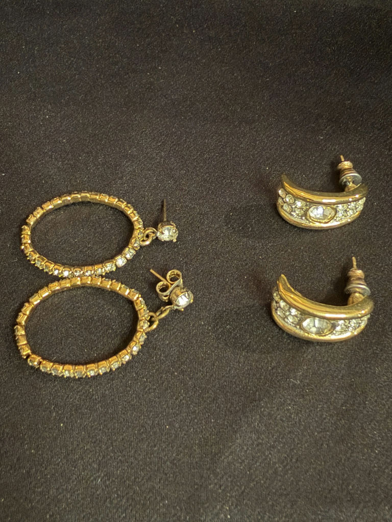 Two Pairs of Gold-Tone Rhinestone Earrings Including Richelieu - image 1 of 6