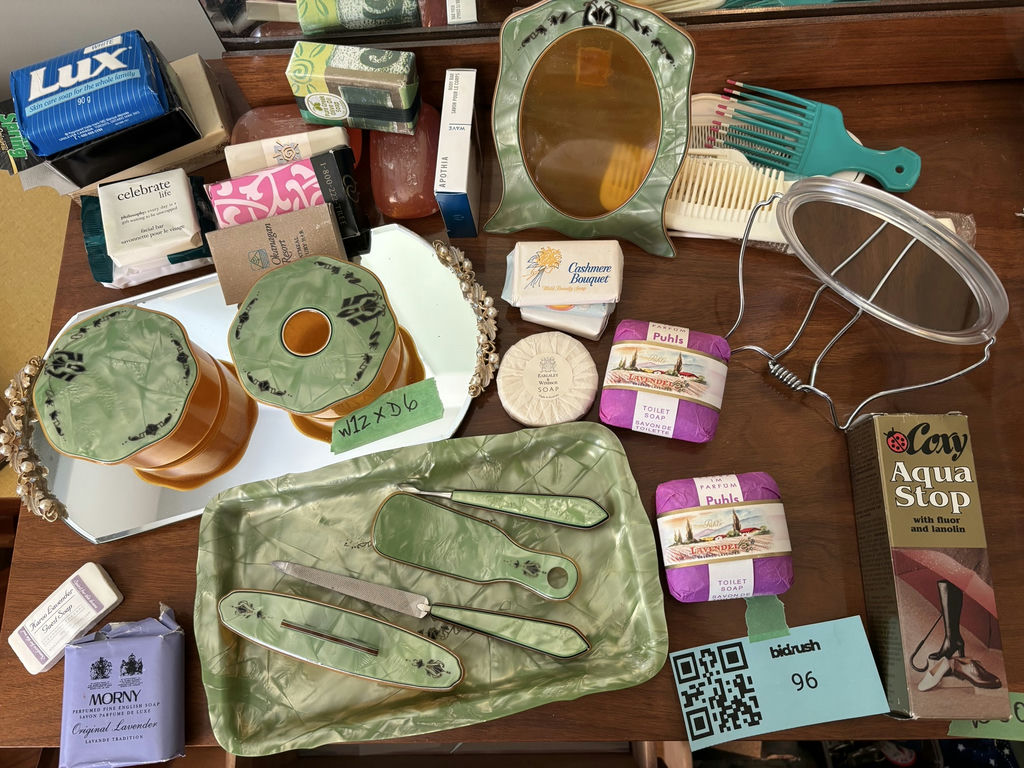 Vintage Vanity Set with Mirror Tray, Containers, Grooming Tools, and Assorted Soaps - image 1 of 13