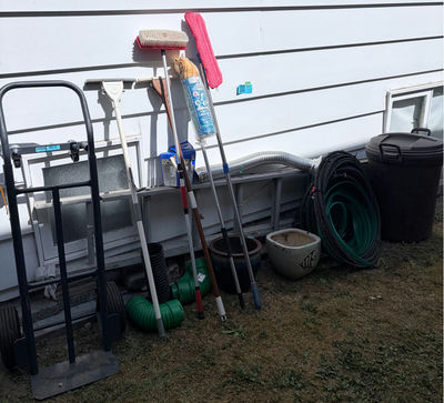 Assorted Yard and Cleaning Tools with Hoses and Garden Supplies - Image 1 of 6