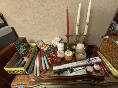 Assorted Candles, Brass Candle Holders, and Candle Making Accessories - Image 1 of 13