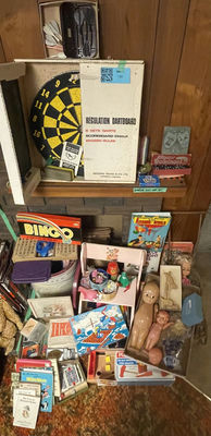 Vintage Regulation Dartboard Set, Dominoes, Playing Cards, and Assorted Games & Dolls - Image 1 of 18