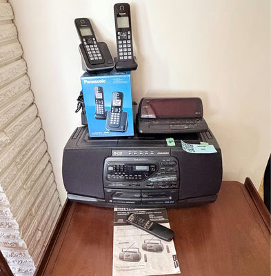 Panasonic Cordless Phones, Emerson Clock Radio, and Sharp Boombox Stereo System - Image 1 of 7