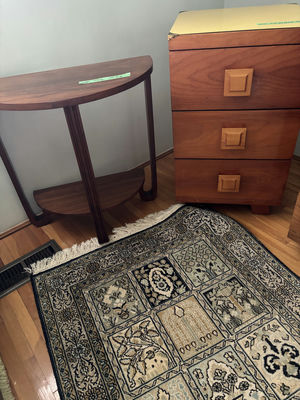 Wooden Three-Drawer Chest, Half-Moon Side Table & Area Rug - Image 1 of 16