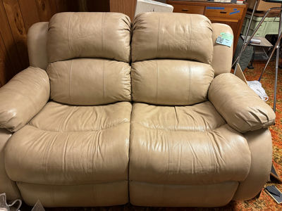 Beige Leather Recliner Loveseat - Image 1 of 8