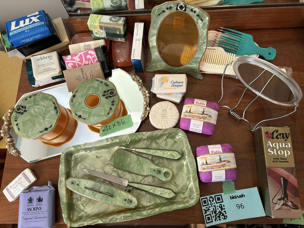 Vintage Vanity Set with Mirror Tray, Containers, Grooming Tools, and Assorted Soaps - image 2 of 13