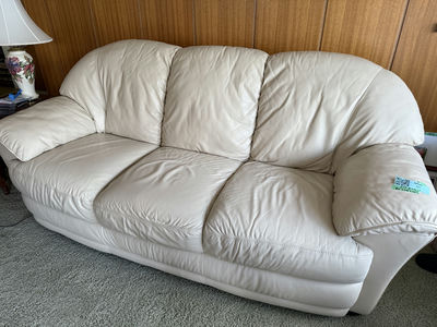 Beige White Leather Three-Seat Sofa - Image 1 of 8