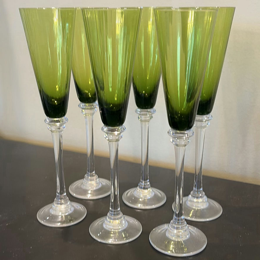 Set of Six Green Stemmed Champagne Flutes and Silver-Tone Serving Tray - image 7 of 14