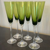 Set of Six Green Stemmed Champagne Flutes and Silver-Tone Serving Tray - thumbnail 7 of 14