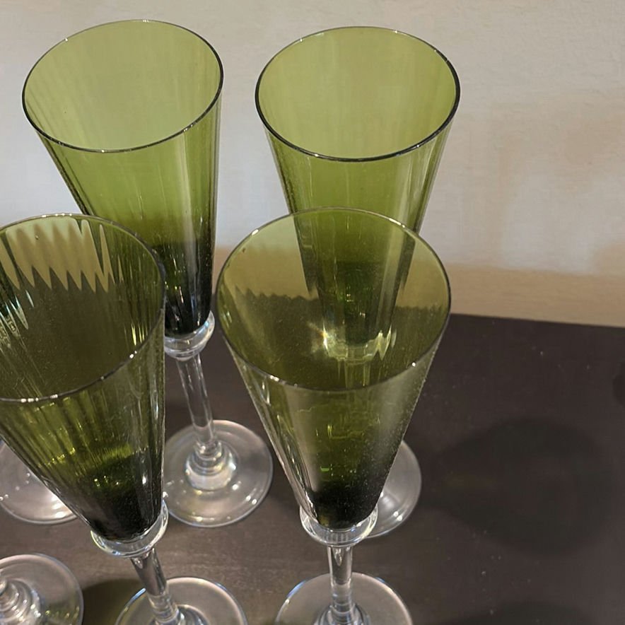 Set of Six Green Stemmed Champagne Flutes and Silver-Tone Serving Tray - image 4 of 14