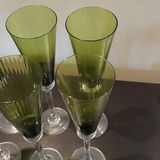 Set of Six Green Stemmed Champagne Flutes and Silver-Tone Serving Tray - thumbnail 4 of 14