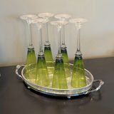 Set of Six Green Stemmed Champagne Flutes and Silver-Tone Serving Tray - thumbnail 1 of 14