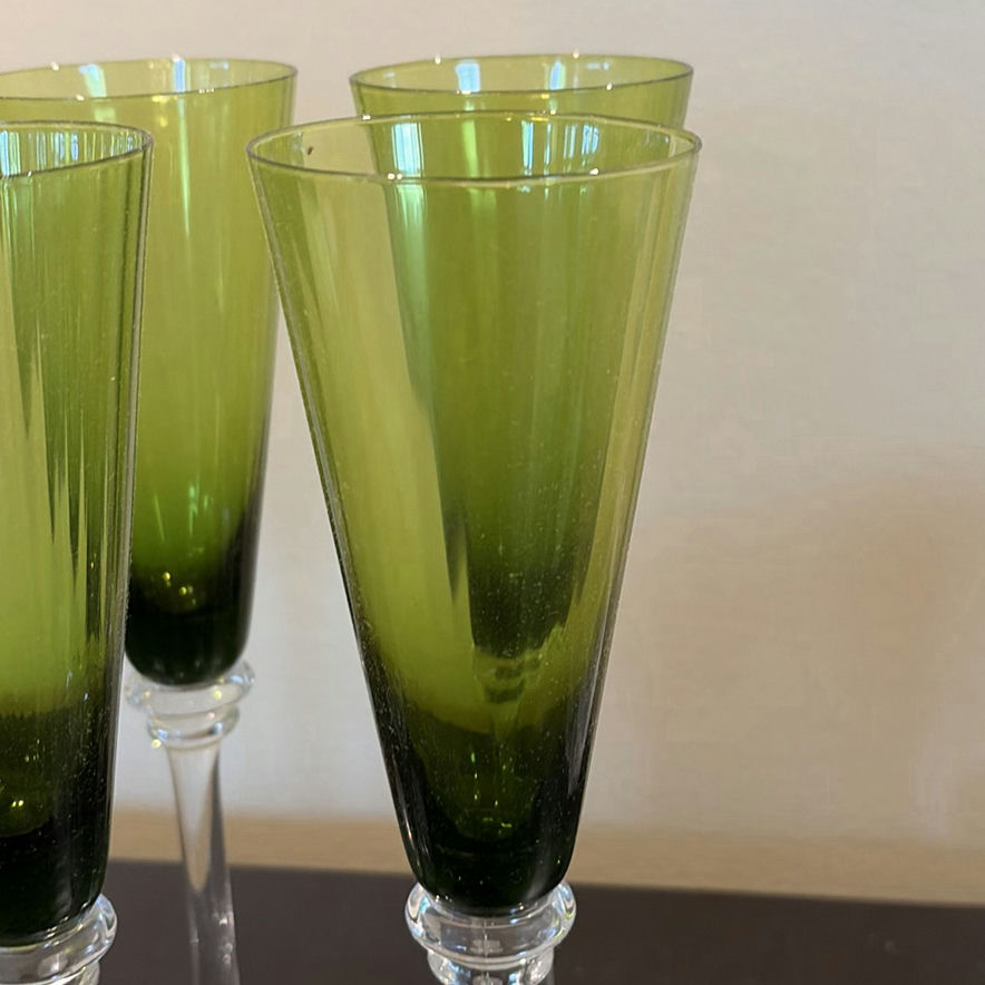 Set of Six Green Stemmed Champagne Flutes and Silver-Tone Serving Tray - image 3 of 14
