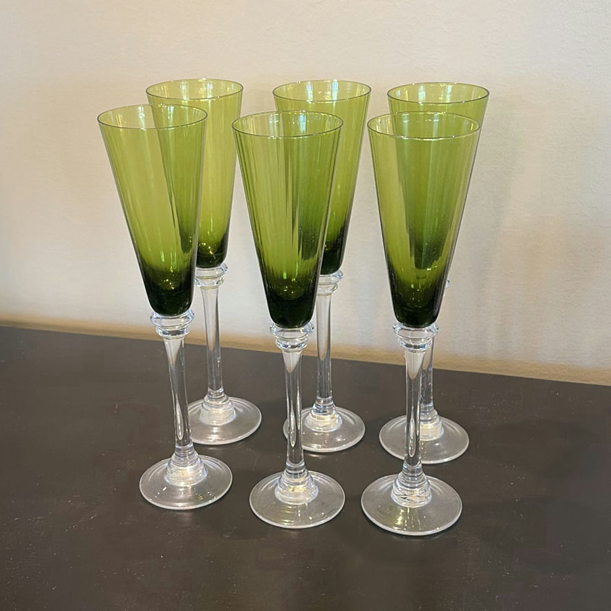 Set of Six Green Stemmed Champagne Flutes and Silver-Tone Serving Tray - image 2 of 14