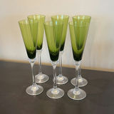Set of Six Green Stemmed Champagne Flutes and Silver-Tone Serving Tray - thumbnail 2 of 14
