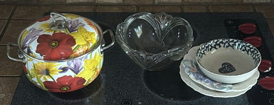 Floral Stock Pot with Lid, Glass Bowl, and Ceramic Dish Set - Image 1 of 9