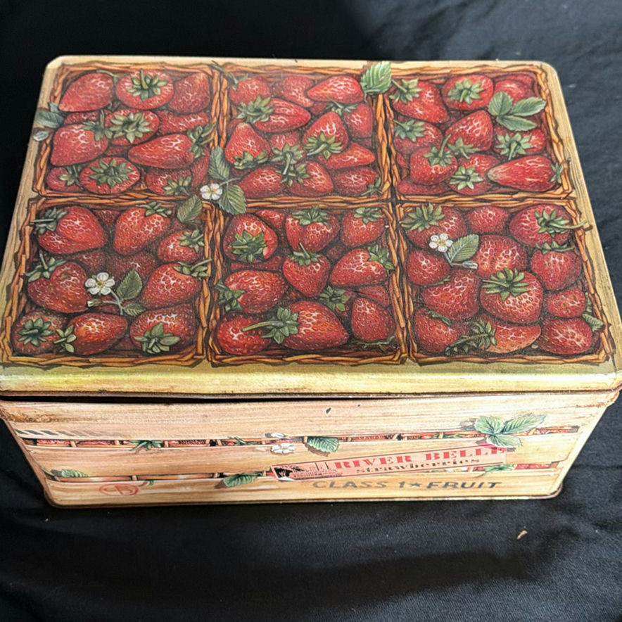 Strawberry-patterned vintage tin box and paisley fabric pouch - image 4 of 5