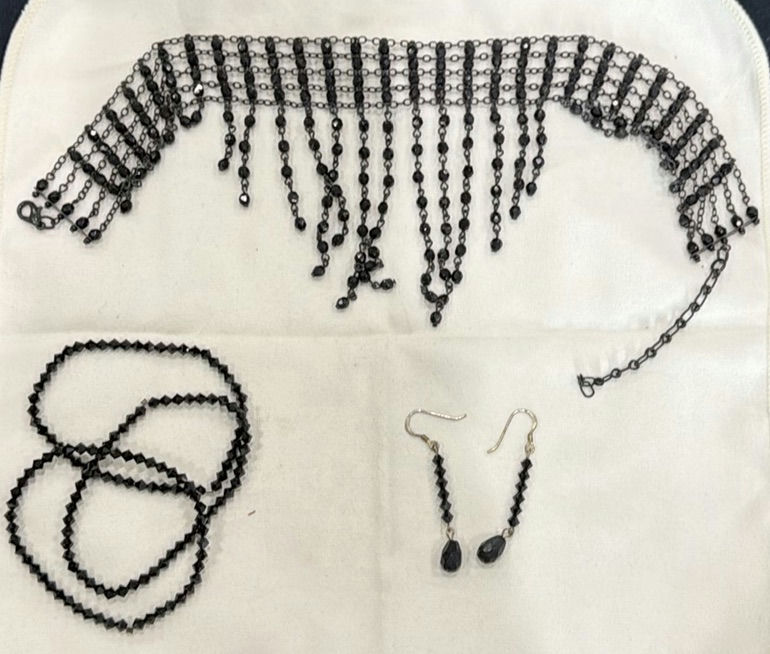 Black bead jewelry set (fringe necklace, geometric bead necklace, bracelet, and drop earrings) - image 1 of 4