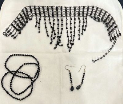 Black bead jewelry set (fringe necklace, geometric bead necklace, bracelet, and drop earrings) - Image 1 of 4