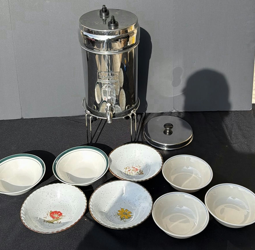 Berkey Stainless Steel Water Dispenser and Eight Ceramic Bowls - image 1 of 9