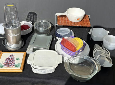 NutriBullet Blender, CorningWare Casserole Dish, Kitchen Scale, Bowls, Containers, and Framed Tile Trivets - Image 1 of 7