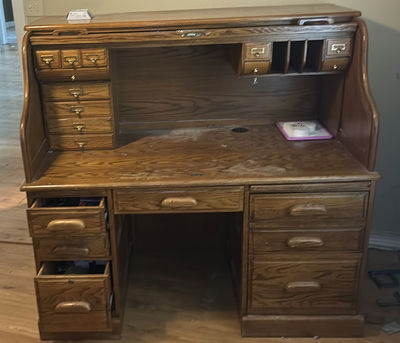 Wooden Roll-Top Desk with Drawers and Storage Compartments - Image 1 of 9