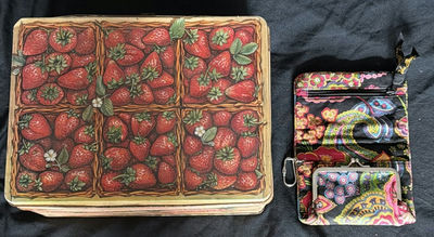 Strawberry-patterned vintage tin box and paisley fabric pouch - Image 1 of 5