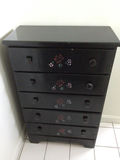 Black five-drawer dresser with floral rose decals - thumbnail 1 of 2