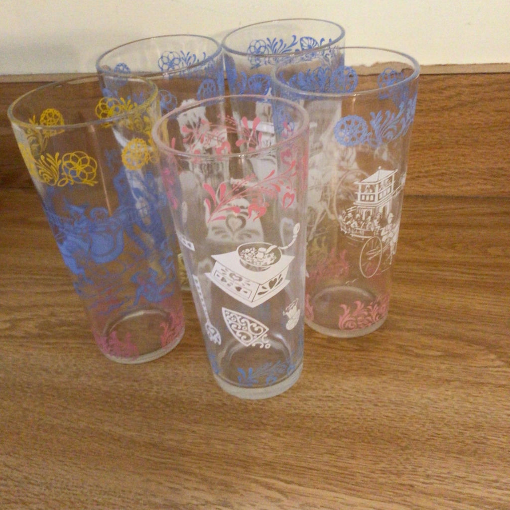 Six tall etched glass tumblers with colorful designs - image 2 of 2