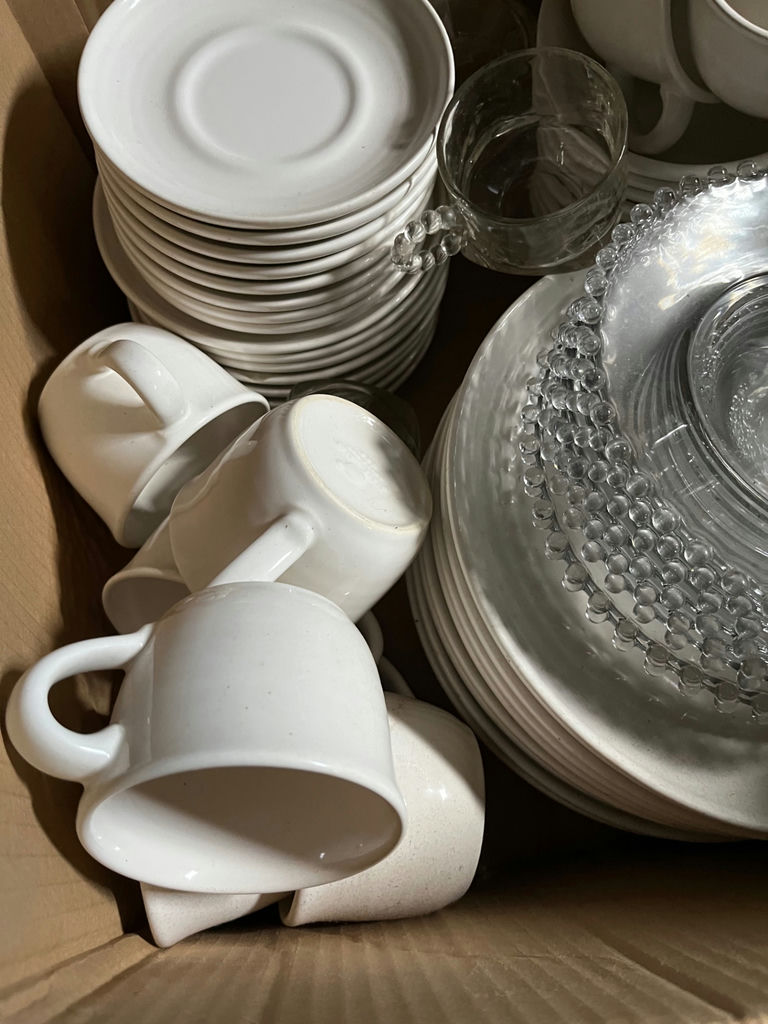 White dinnerware set with mugs, plates, and glassware - image 1 of 2