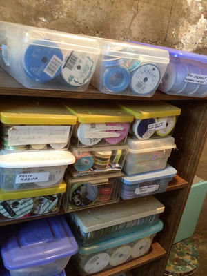 Craft ribbons and tape organized in plastic containers - Image 1 of 5