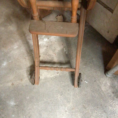 Vintage wooden high chair with tray and wheels - Image 1 of 4