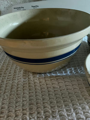 Ceramic bowls with blue stripes and an ornate creamer - Image 1 of 3