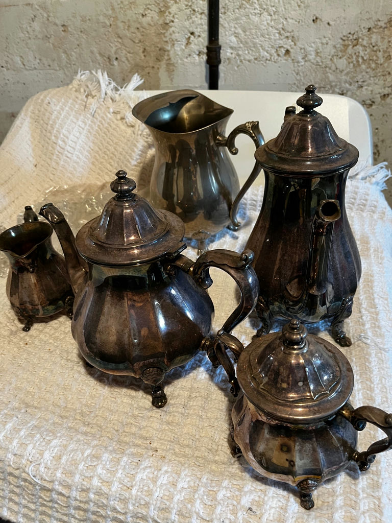 Vintage silverplate teapot set with lids and crystal weights - image 2 of 5