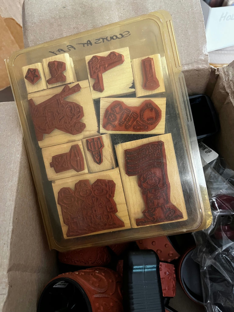 Assorted craft supplies: rubber stamps, embossed leather bracelets, and plastic fruit shapes - image 3 of 3