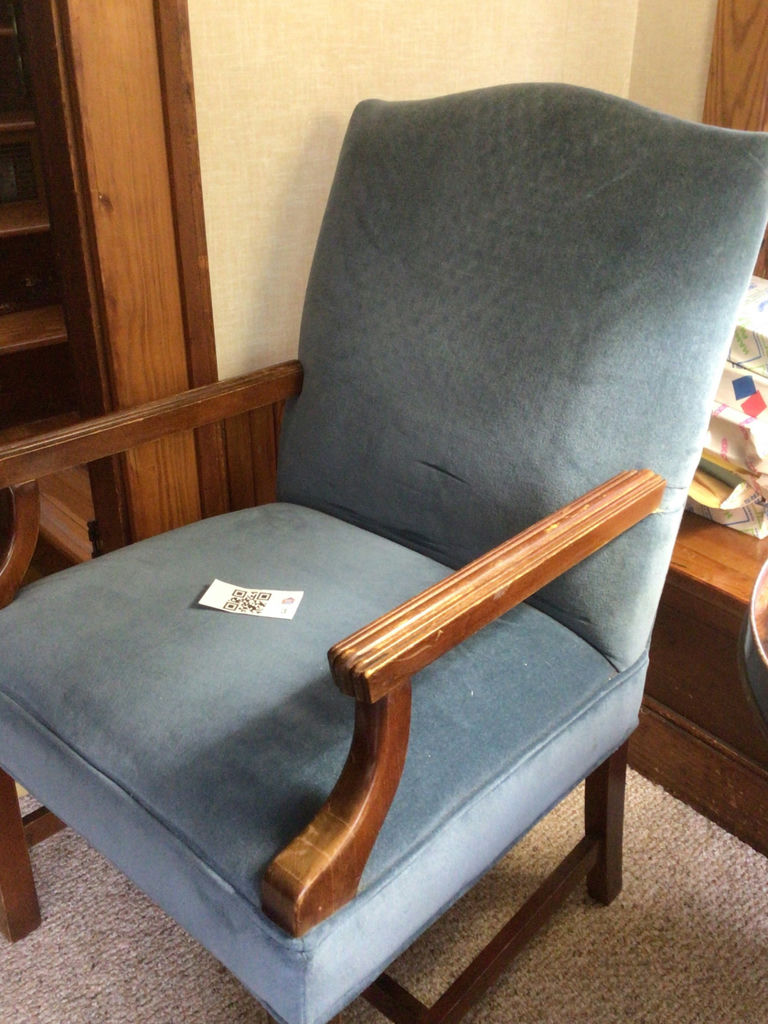 Blue upholstered armchair with wooden arms - image 2 of 2