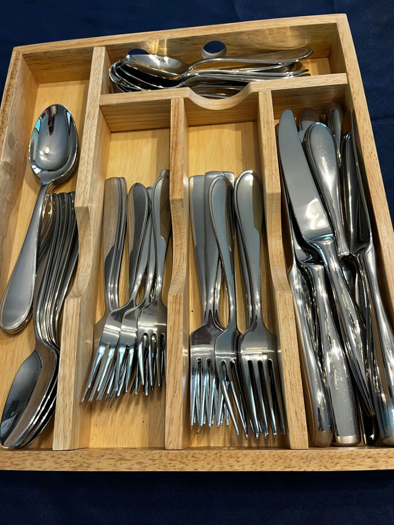 Wooden cutlery tray with forks, spoons, and knives - image 2 of 2