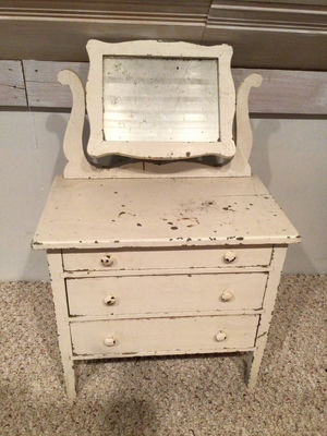 Doll size White wooden vanity dresser with mirror - Image 1 of 2