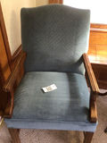 Blue upholstered armchair with wooden arms - thumbnail 1 of 2