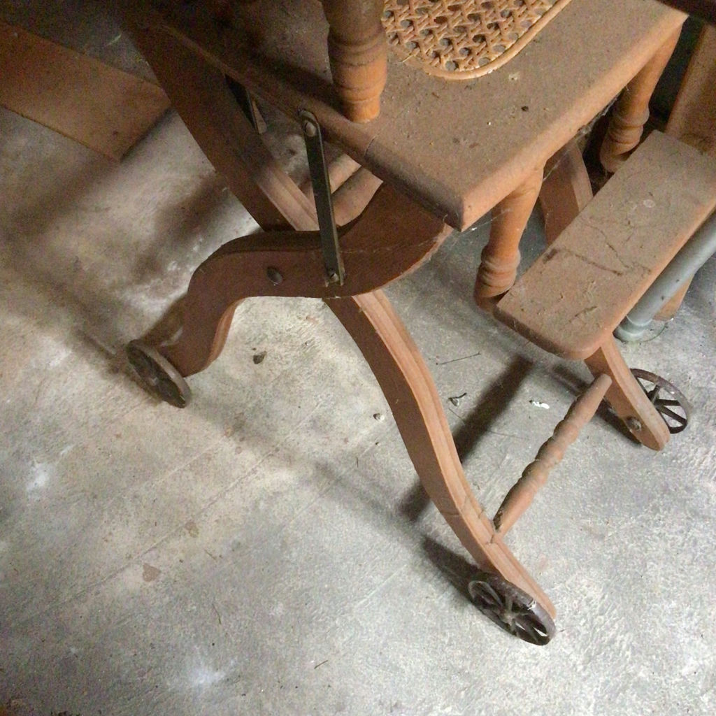 Vintage wooden high chair with tray and wheels - image 3 of 4