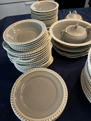 Harkerware blue-gray dinnerware set with braided edge - Image 1 of 6